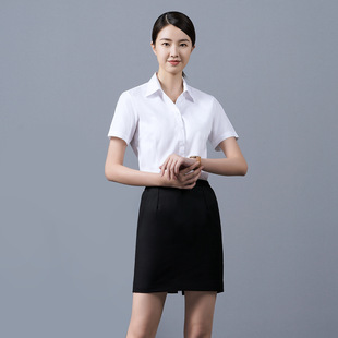 棉衬衣职业装 夏季 衬衣工作服商务休闲工作装 v领白衬衫 女士短袖