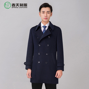 藏蓝色双排扣物业售楼部职业装顺毛呢大衣男短款冬季毛呢外套风衣
