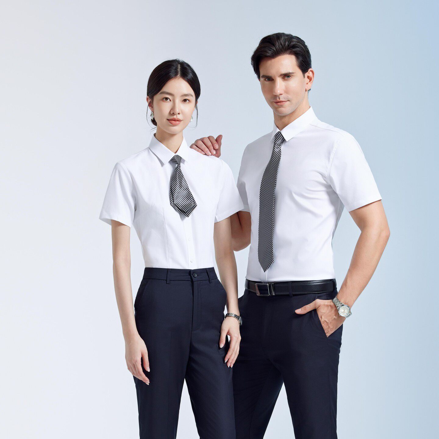 夏季白色短袖男衬衫商务正装修身职业酒店物业客服工作服女衬衣