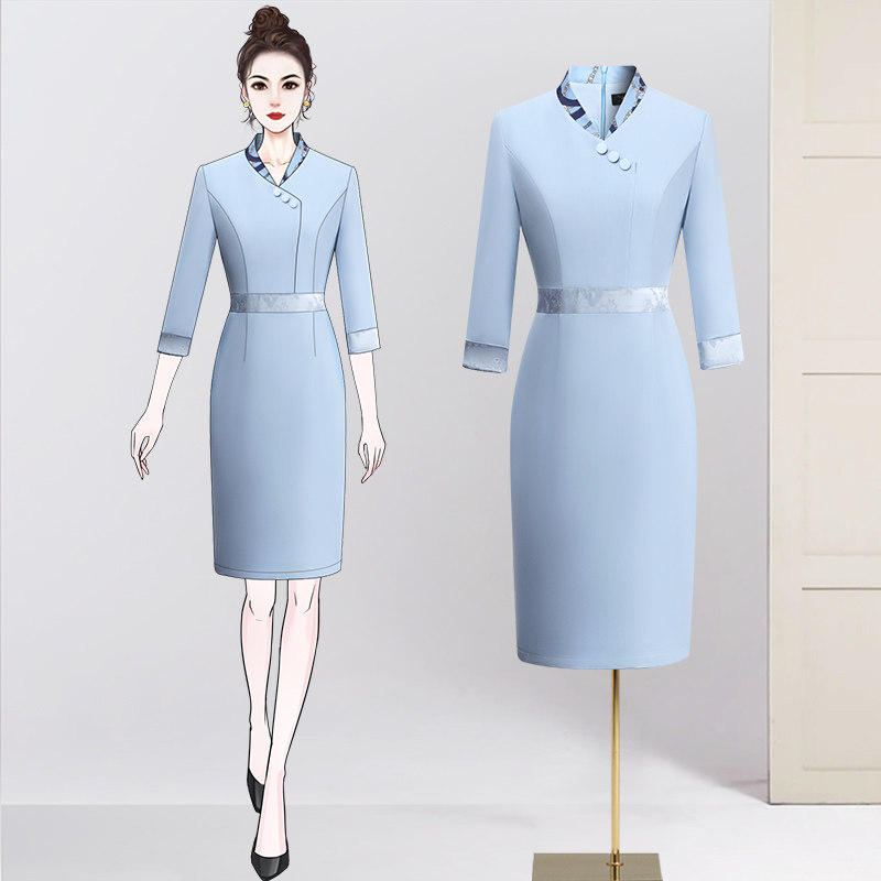 新中式职业连衣裙女七分袖收腰修身蓝色气质优雅售楼部物业工作服