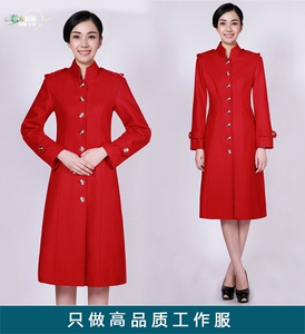物业客服红色冬季呢子大衣中长款工作服加厚毛呢外套前台礼仪迎宾