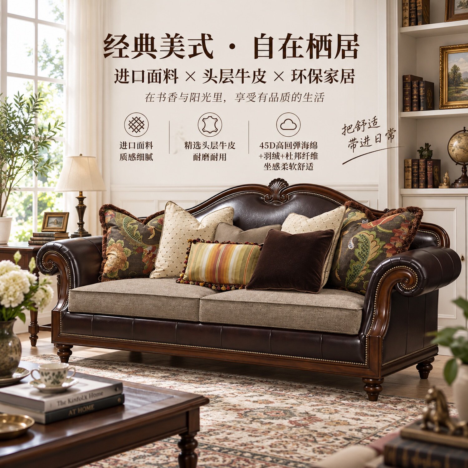 经典美式豪华复古皮布沙发实木雕花高端真皮奢华别墅客厅富邦美品