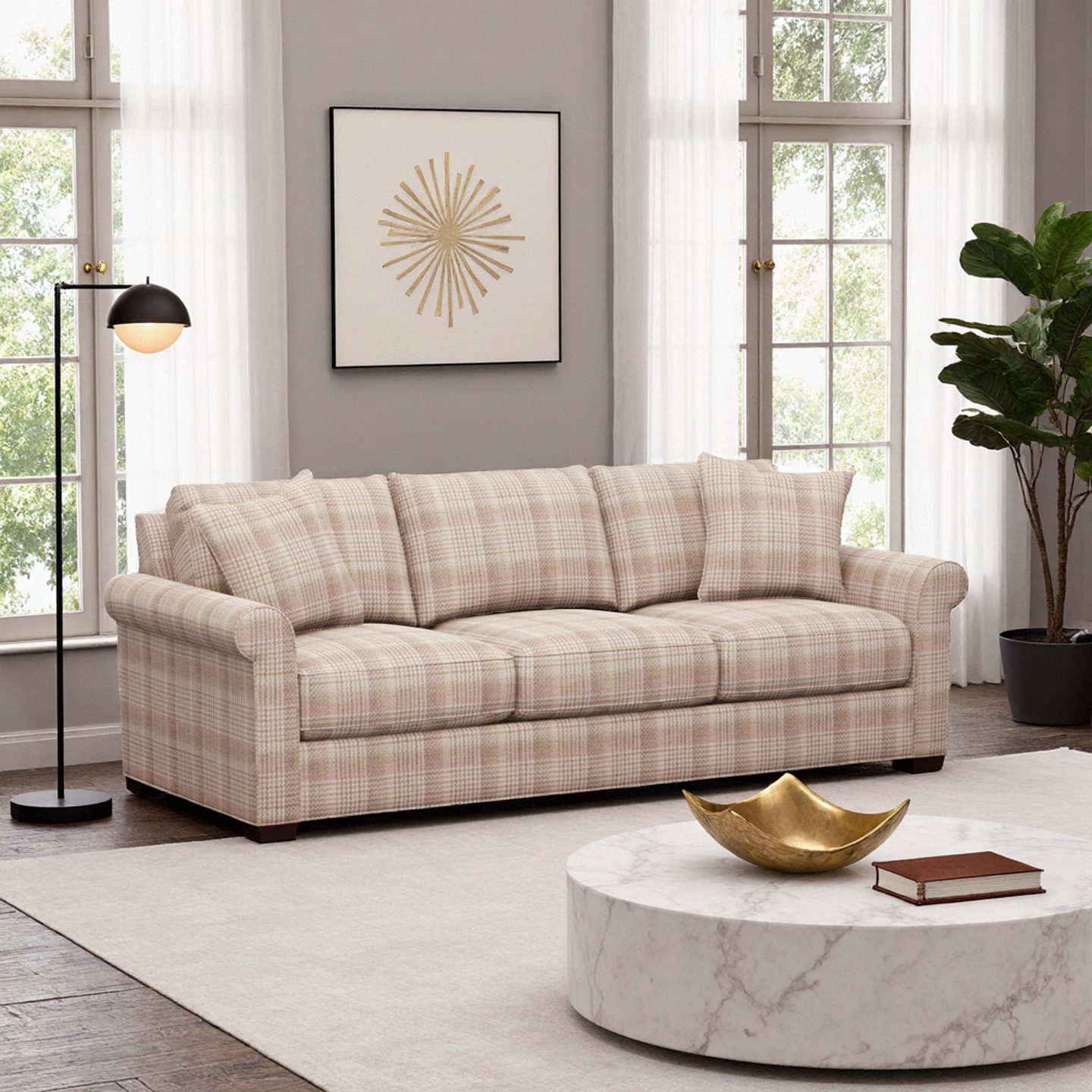 粉色格子布艺沙发法式浪漫轻奢