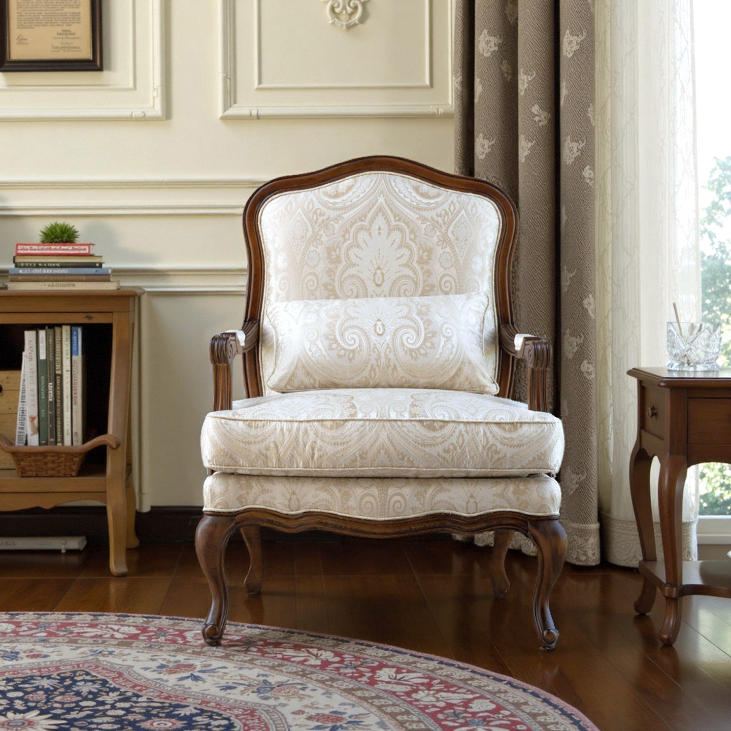 美式实木老虎椅沙发扶手椅丝绸提花米白色欧美式布艺豪华原木雕花