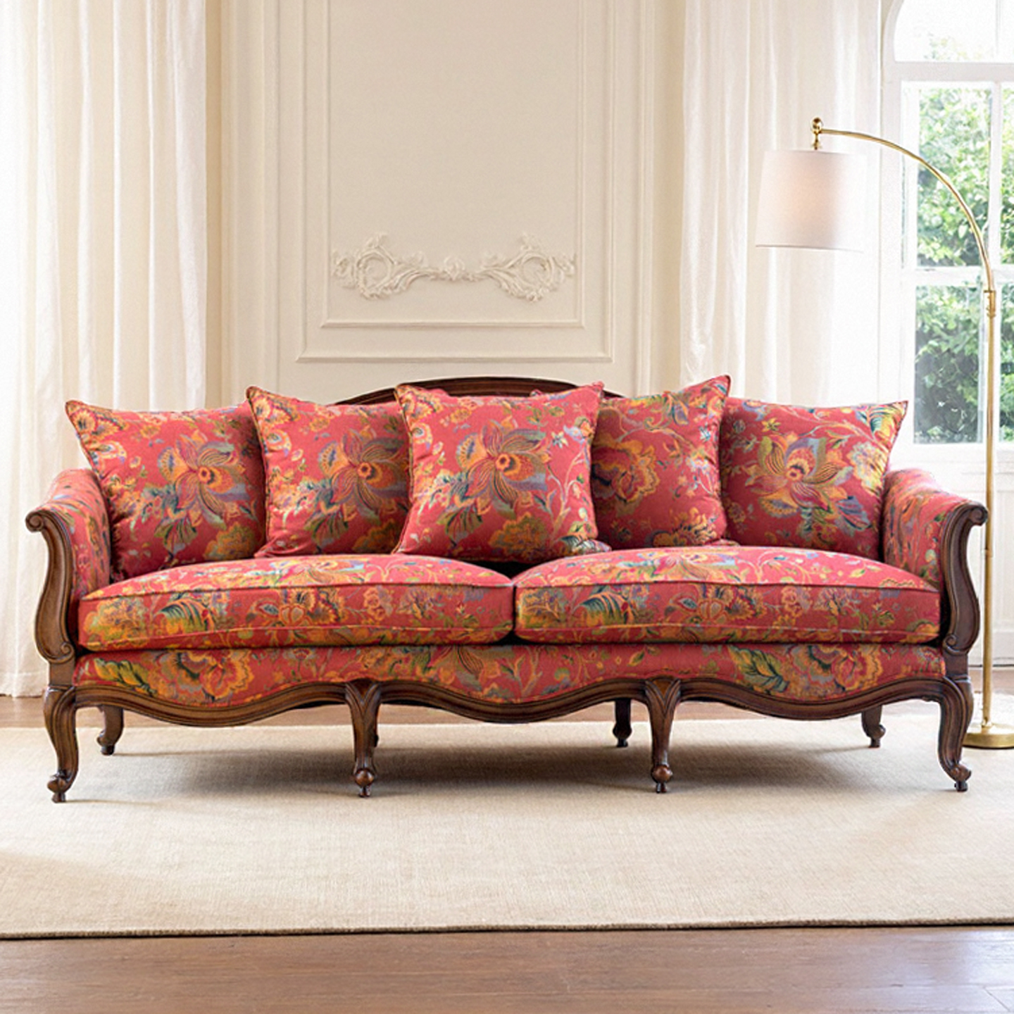 美式复古实木雕花三人单人沙发