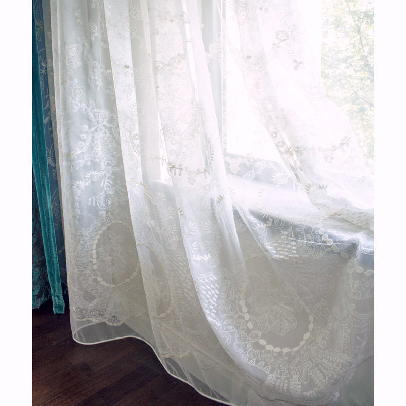 窗帘纱布料蕾丝绣花白色卧室欧式纱帘窗纱奢华刺绣网纱公主风白纱