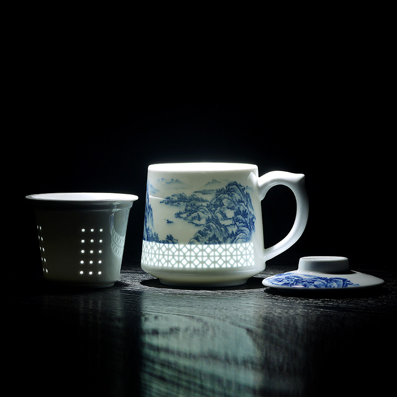 景德镇陶瓷茶杯高档青花瓷玲珑办公杯家用大容量带盖过滤泡茶水杯