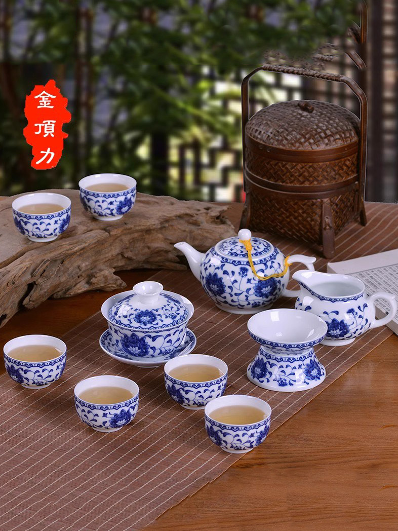 景德镇青花瓷功夫茶具粉彩盖碗茶壶瘦身家庭办公茶具礼品