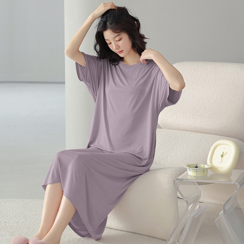 asdet睡裙带胸垫睡衣女士夏季2023新款薄冰丝短袖大码长款家居服