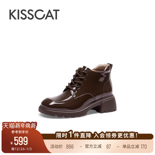 KISSCAT接吻猫新款 系带英伦风短靴户外增高厚底黑色马丁靴女
