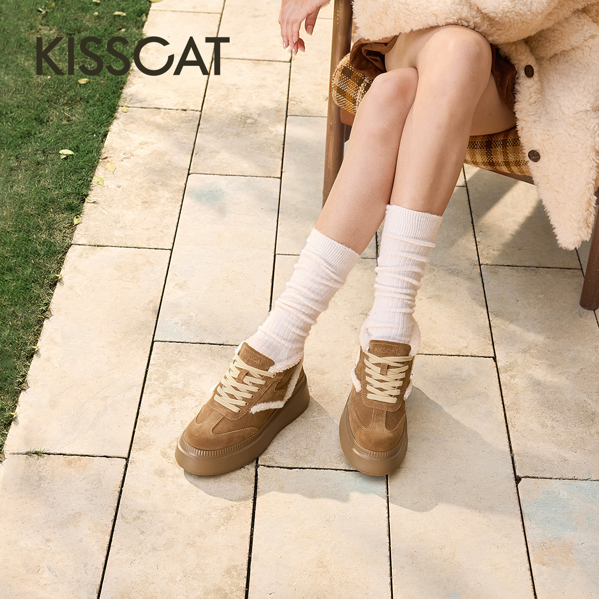 KISSCAT接吻猫[太妃糖]厚底高帮鞋25冬新保暖德训鞋加绒雪地靴女