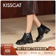 新款 KISSCAT接吻猫 繁花孟克靴 通勤真皮短靴增高方钻黑色靴子女