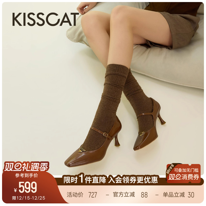 KISSCAT接吻猫[翎羽系列]25新款法式高跟鞋复古设计玛丽珍单鞋女
