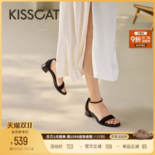 黑色一字带高跟鞋 粗跟高级气质凉鞋 女 新款 KISSCAT接吻猫25夏季