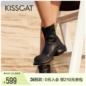 KISSCAT接吻猫机能厚底烟筒靴2023冬新款机车风短靴弹力瘦瘦靴女