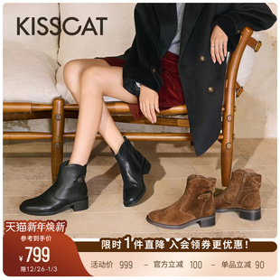 游牧诗人 接吻猫 美拉德西部靴皮带扣骑士短靴加绒 孟佳同款 周也