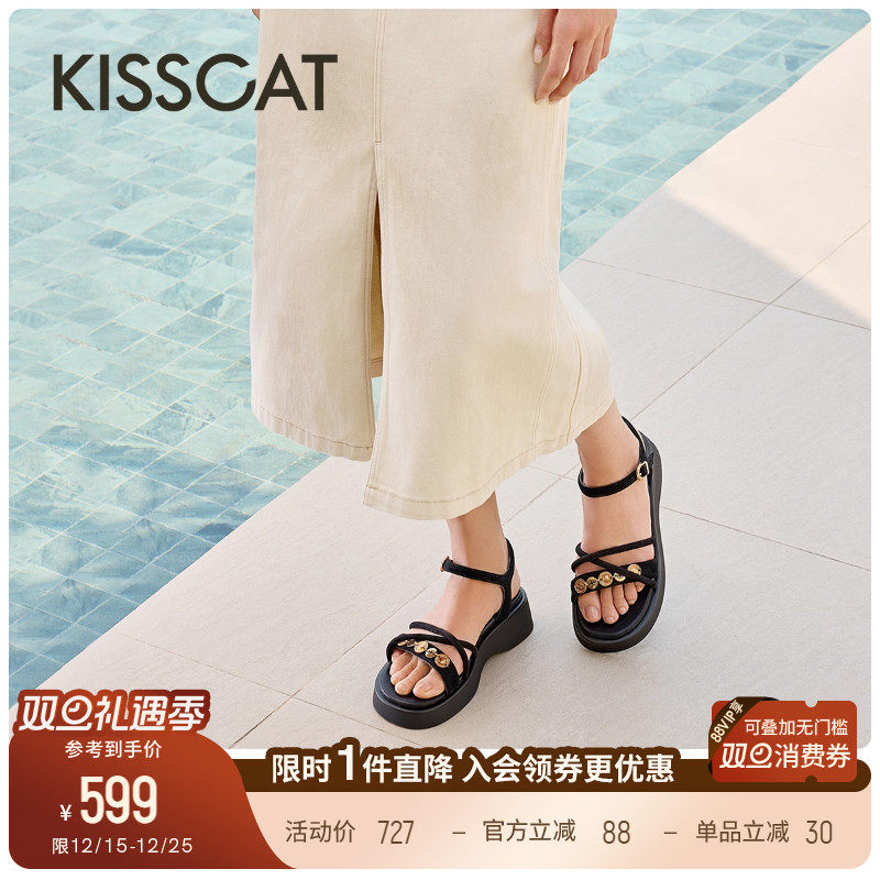 KISSCAT接吻猫25夏新款法式增高厚底凉鞋复古金币休闲平底凉鞋女