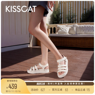 女厚底 镂空透气运动凉鞋 KISSCAT接吻猫轻便猪笼鞋 白色罗马凉鞋