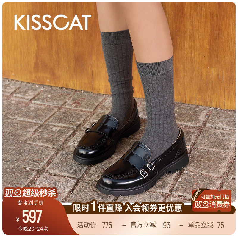 KISSCAT接吻猫罗马假日孟克鞋通勤真皮布洛克黑色小皮鞋乐福鞋