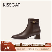 中跟靴舒适真皮短靴尖头黑色时装 KISSCAT接吻猫 城市漫游 靴女