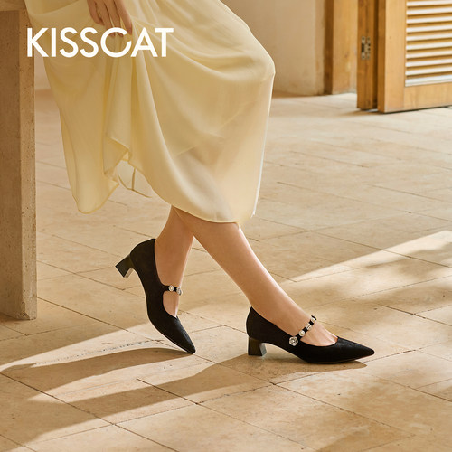 KISSCAT接吻猫[心动信号玛丽珍]舒适法式单鞋尖头黑色玛丽珍鞋女