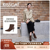 老钱尖头高跟靴舒适复古棕色羊绒时装 KISSCAT接吻猫 咖啡街 靴女