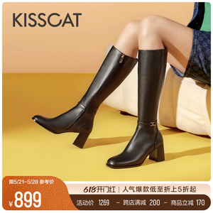 KISSCAT接吻猫2023年冬季新款高筒靴时尚长筒靴高跟加绒时装靴女