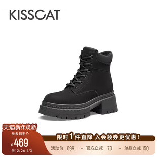 KISSCAT接吻猫黑色靴子厚底短靴户外大黄靴系带马丁靴女英伦风