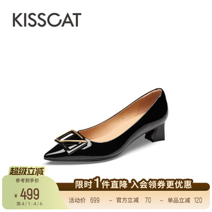 尖头低跟黑色单鞋 女 气质高级粗跟通勤鞋 KISSCAT接吻猫法式