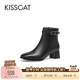 KISSCAT接吻猫新款 气质粗跟真皮短靴复古老钱风黑色靴子女