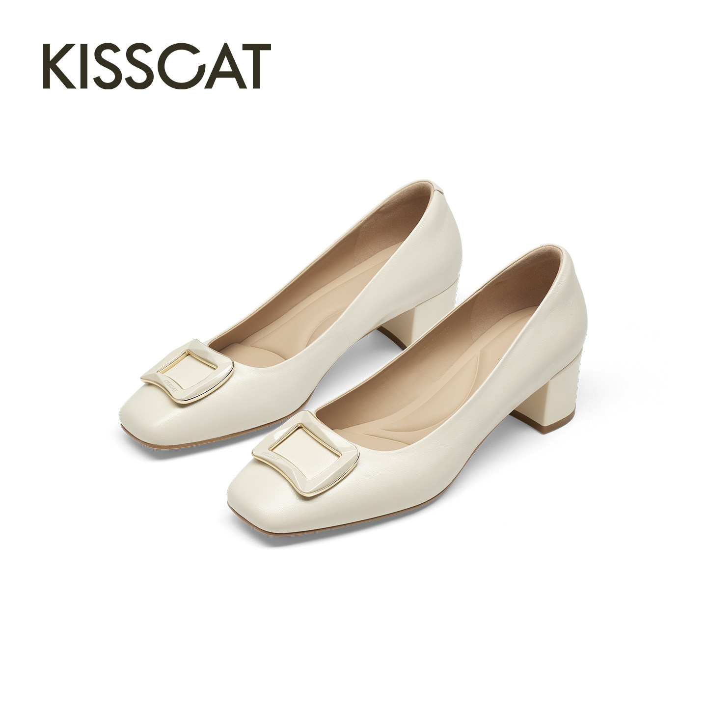 KISSCAT接吻猫[银锭系列]26年春季新款时尚通勤气质方头粗跟单鞋