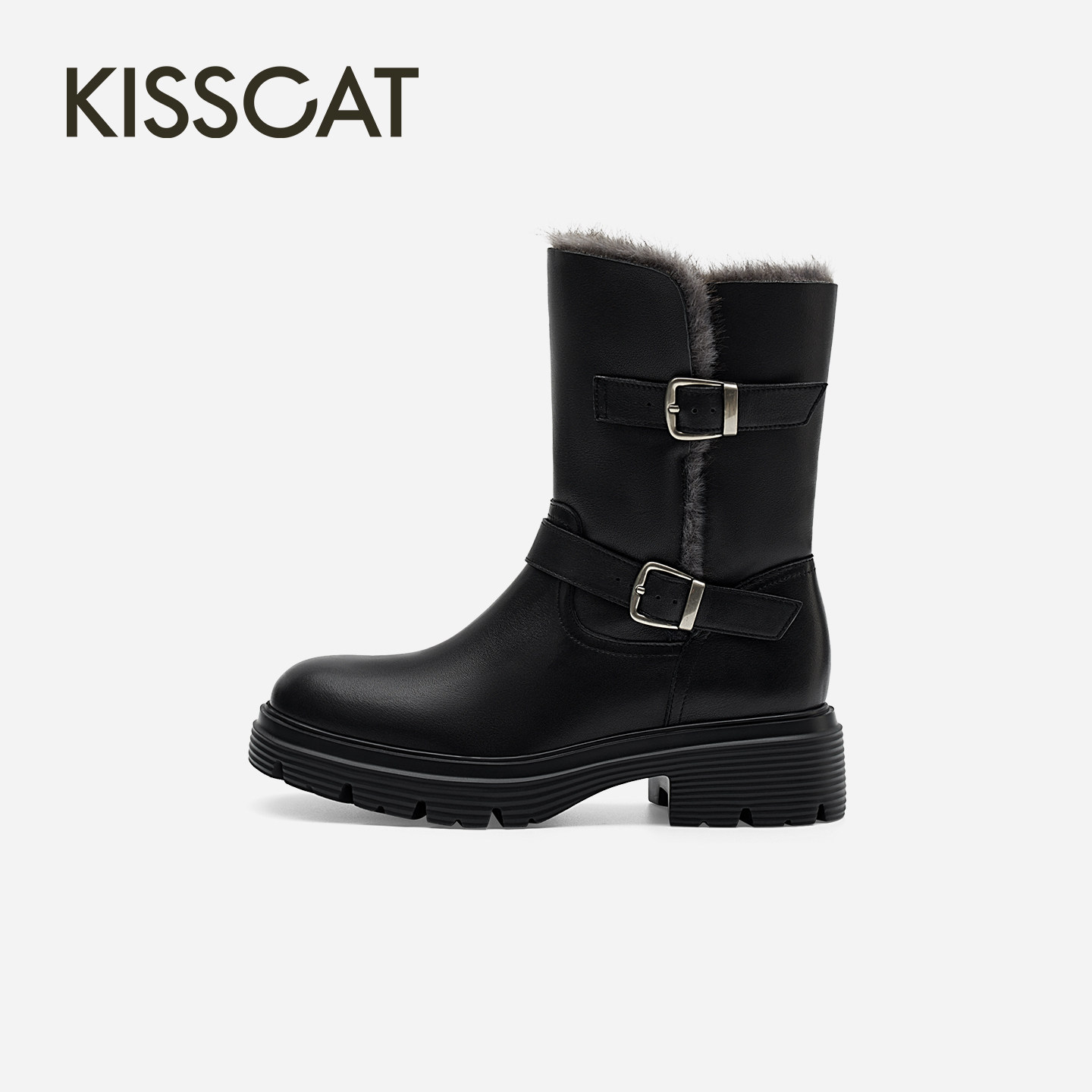 KISSCAT接吻猫[绵羊窝]厚底毛靴2026秋冬新品5cm复古保暖雪地靴