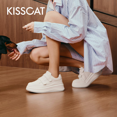 KISSCAT接吻猫6cm长腿鞋轻便板鞋内增高魔术贴小白松糕鞋德训鞋女