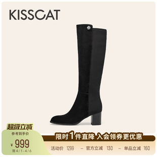 KISSCAT接吻猫超模骑士靴舒适黑色高跟靴绒面瘦瘦靴高靴长筒靴女