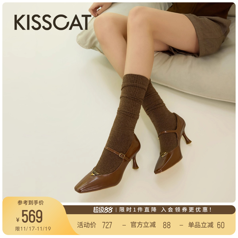 KISSCAT接吻猫[翎羽系列]25新款法式高跟鞋复古设计玛丽珍单鞋女