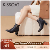 KISSCAT接吻猫新款 真皮短靴方头粗跟时装 靴高跟靴黑色靴子女