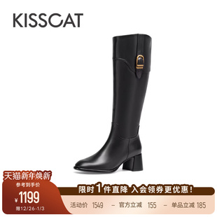 KISSCAT接吻猫复古长筒高靴皮带扣骑士靴高跟靴真皮黑色靴子女