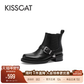 KISSCAT接吻猫新款 布洛克西部靴机车皮靴复古真皮增高切尔西靴女