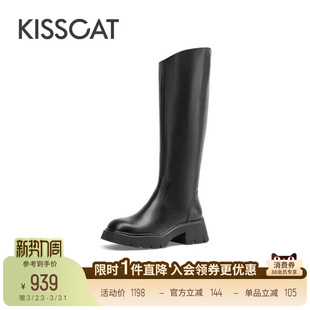 KISSCAT接吻猫真皮增高长筒靴斜口黑色高靴厚底瘦瘦靴骑士靴女