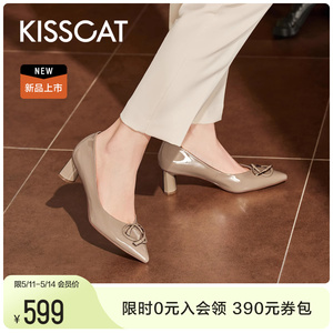 KISSCAT接吻猫[编辑鞋]24春新款真皮粗跟高跟鞋法式百搭白色单鞋