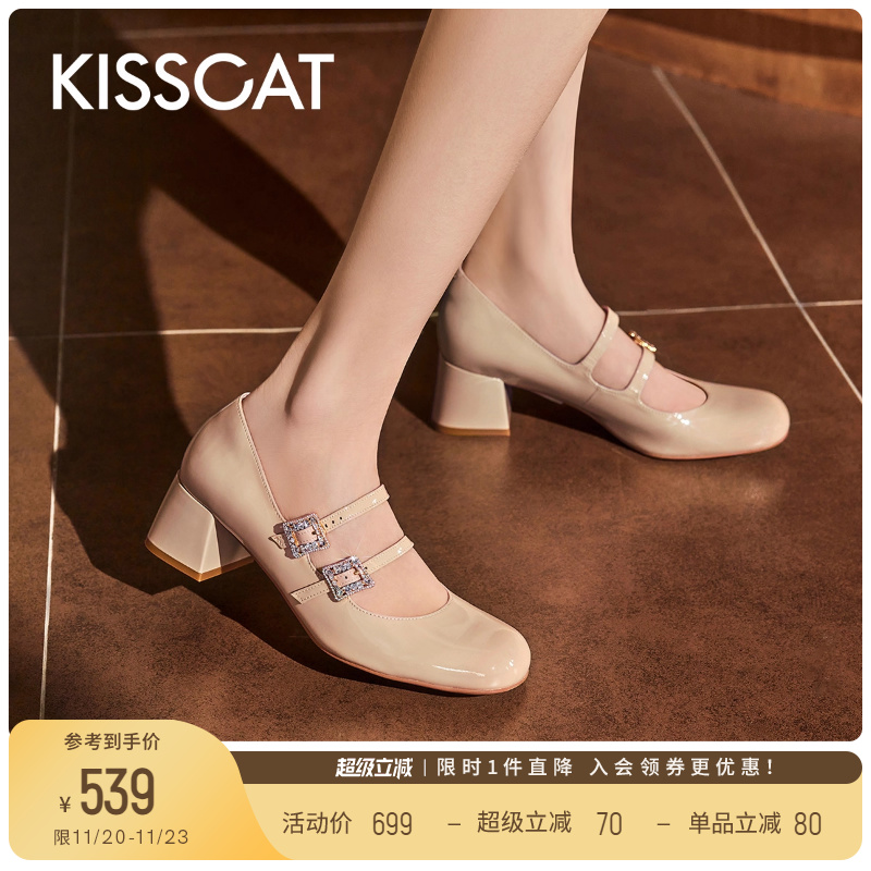 接吻猫粗跟复古玛丽珍鞋