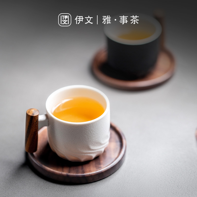 木柄防烫品茗杯 功夫茶杯陶瓷主人杯单杯家用茶盏杯垫套装茶道杯