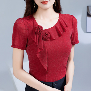 荷叶边花朵短袖 洋气斜领纱衣小衫 T恤女上衣气质舞服网纱 新款 夏季