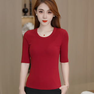 百搭五分袖 修身 棉T恤优可丝棉小衫 显瘦女士小衫 圆领上衣 中袖 韩版