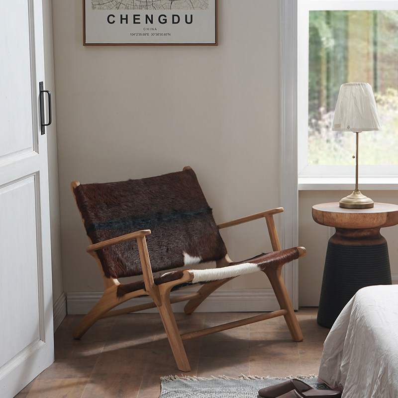 设计师款柚木单人椅客厅实木沙发椅天然皮草休闲靠背椅中古风躺椅,住宅家具,其它椅子,淘宝优惠券,粉丝福利购,淘宝优惠卷