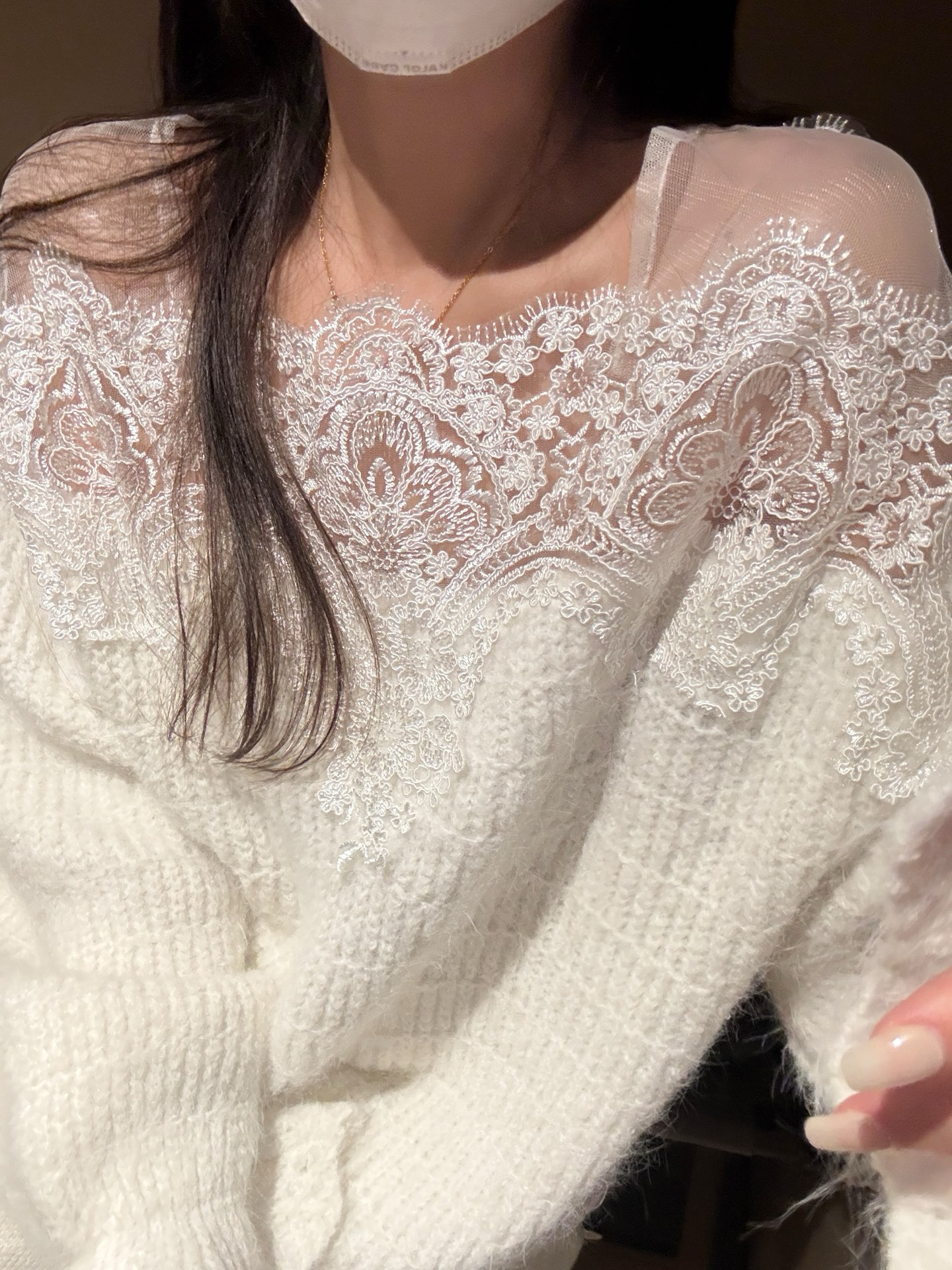 一字领上衣女秋冬针织毛衣蕾丝拼接露肩打底衫内搭温柔慵懒风上衣