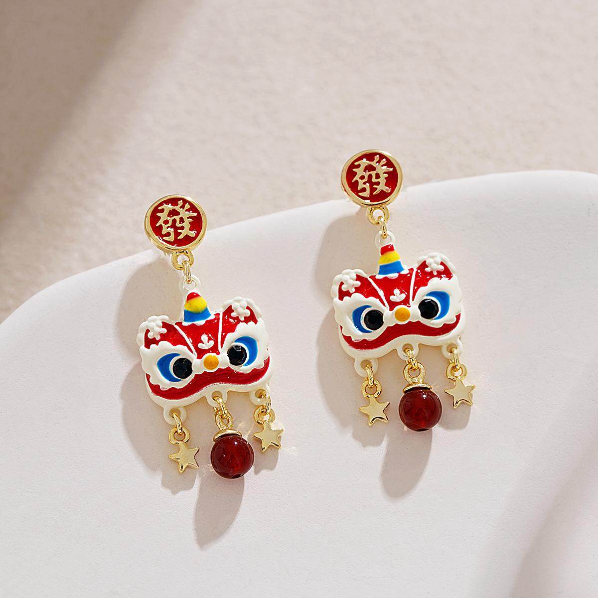 适合过年的红色石榴石醒狮耳钉国风新中式短款流苏耳坠新年设计感
