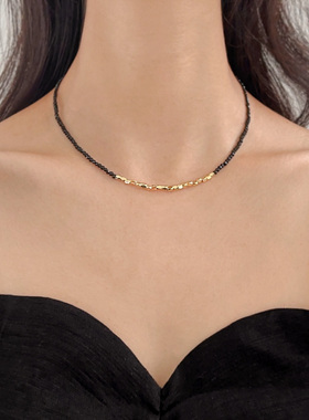 黑色水晶拼接串珠项链碎银子简约