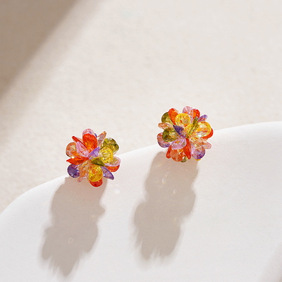 法式轻奢高级感彩色花朵耳钉女小众设计感耳环2025年水晶雪花耳饰