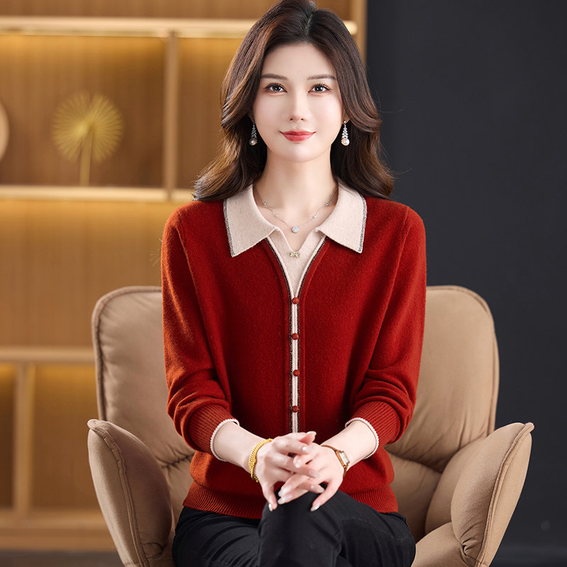 韩式翻领拼色羊毛衫女中年妈妈装气质减龄宽松针织上衣100%羊毛